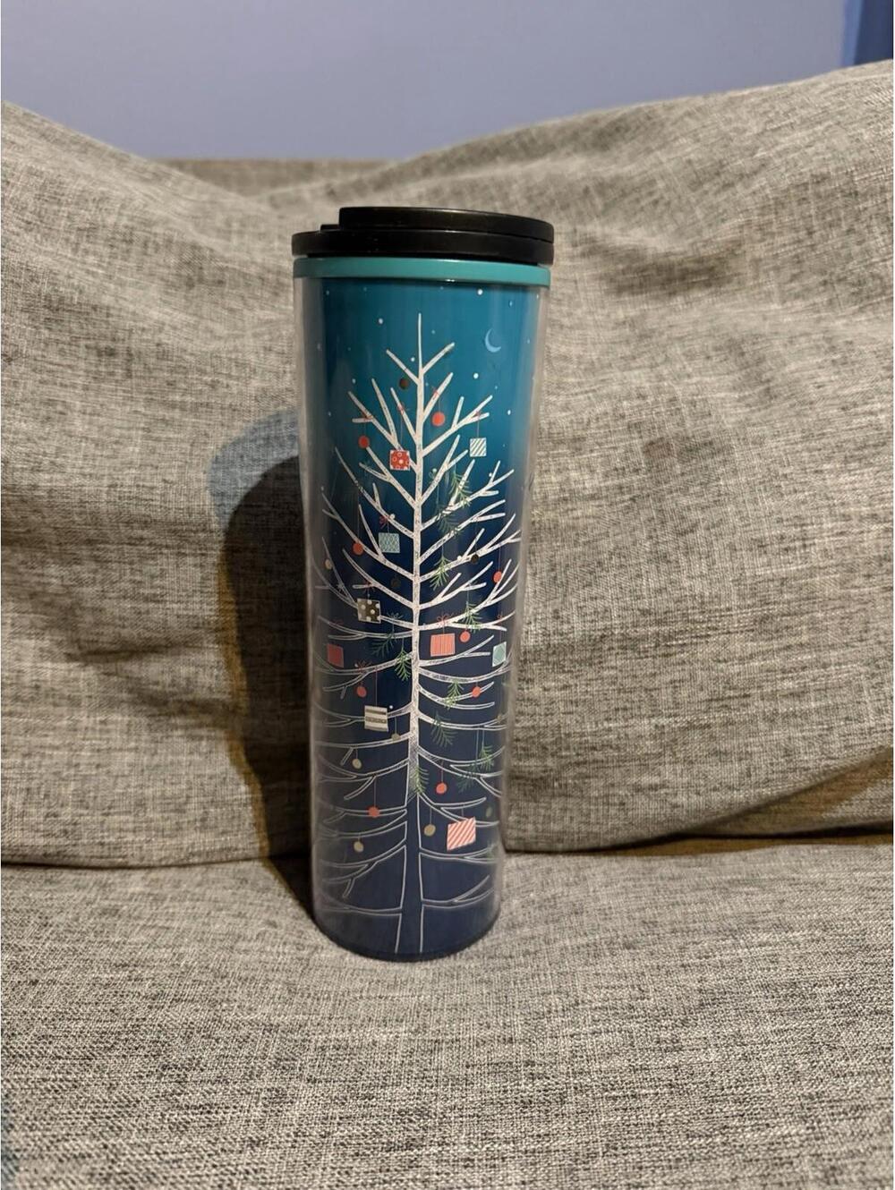 Starbucks Tumbler 2018 Christmas 16 oz Teal Ombre Foil Tree Presents Holiday